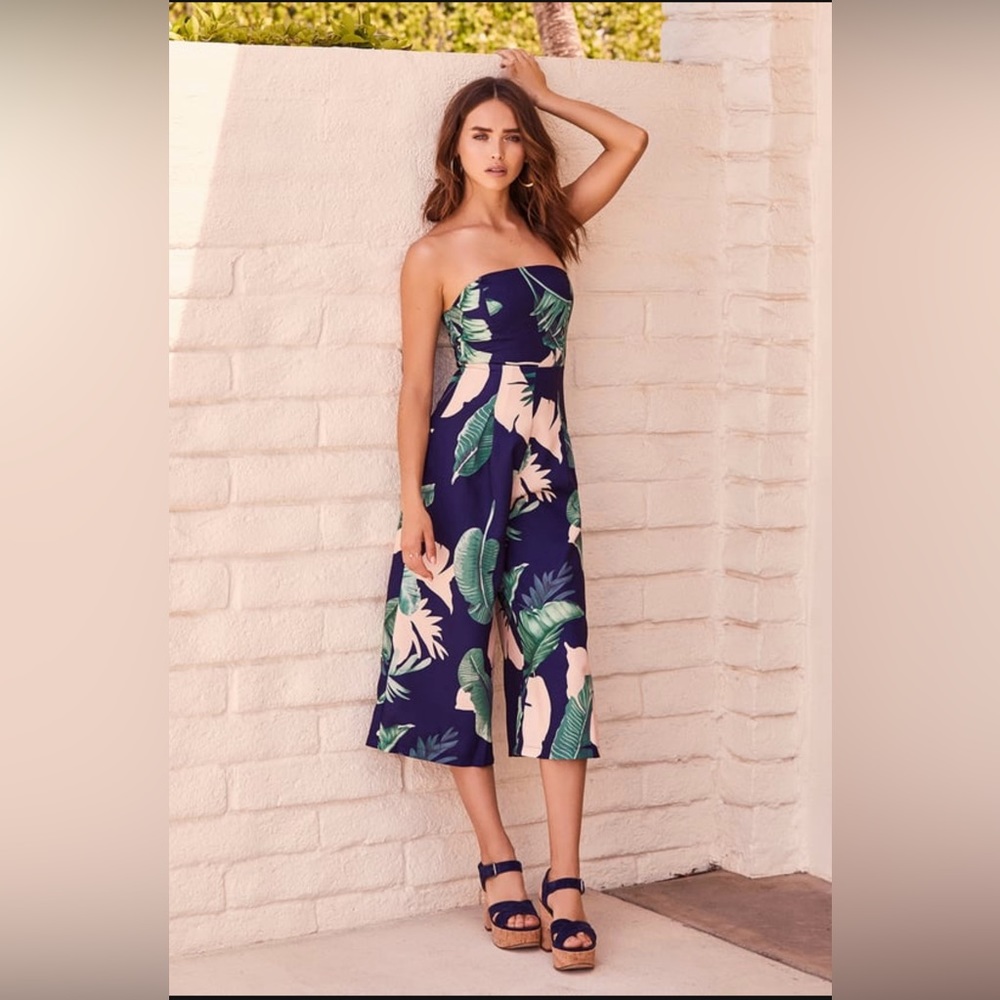 Rainforest Blooms Navy Blue Print Strapless Midi Jumpsuit